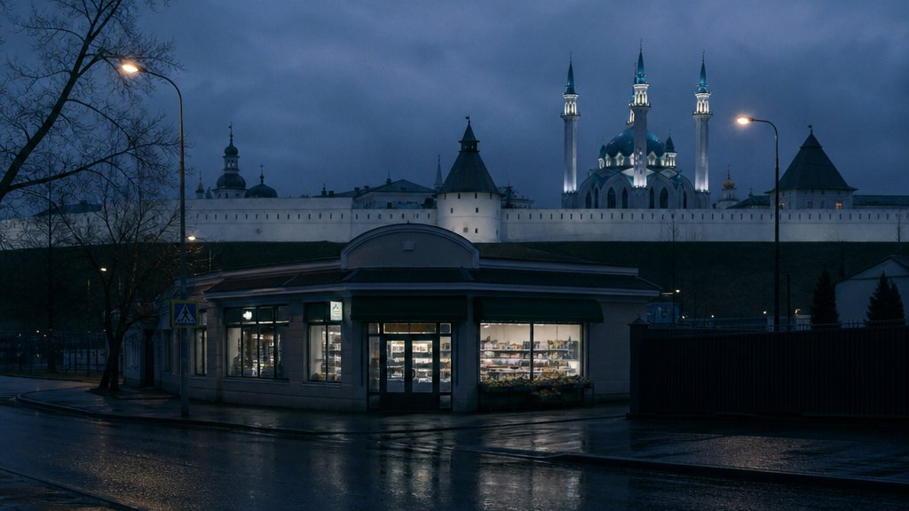 Вечерняя улица Казани с освещённой витриной продуктового магазина на первом этаже